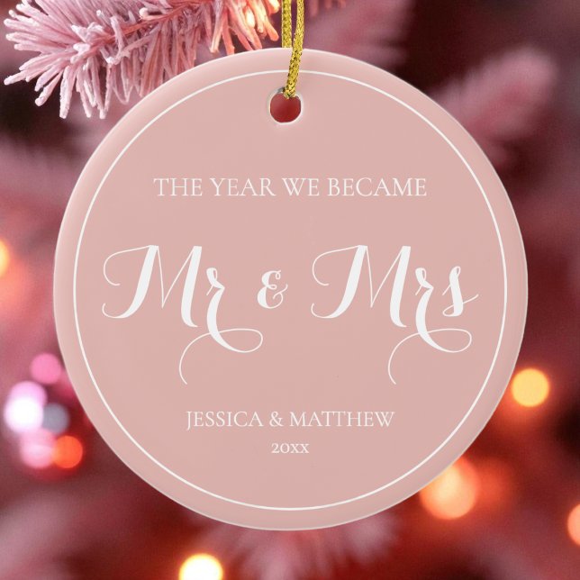 Elegant Newlywed First Christmas Mr and Mrs Ceramic Tree Decoration (Elegant Pink Newlywed First Christmas Mr and Mrs Ceramic Ornament)