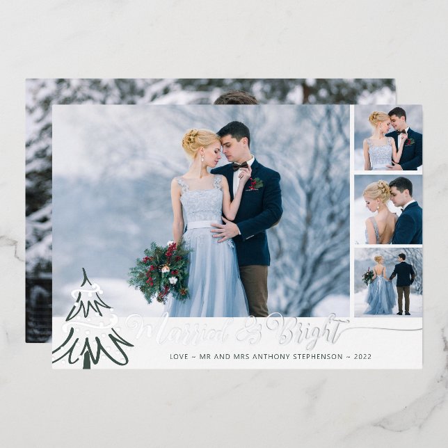Elegant Newlywed Married & Bright Photo Collage Foil Holiday Card (Front/Back)