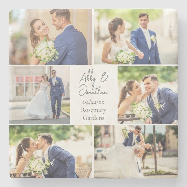 Elegant Newlywed Married Couple Photo Collage Stone Coaster (Front)