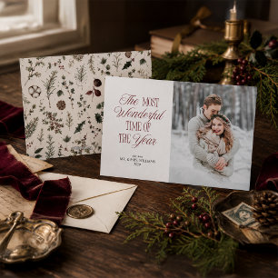 Elegant Newlywed Mr & Mrs Botanical Xmas Photo Holiday Card