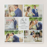 Elegant Newlywed Photo Collage Wedding Anniversary Jigsaw Puzzle<br><div class="desc">This beautiful newlywed couple wedding puzzle gift features a classy layout of 6 wedding photos on a white background with the married couple's names,  location,  and date. A wonderful photo collage marriage gift for newlyweds or for a husband or wife anniversary present.</div>
