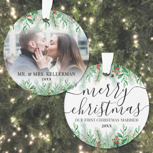 Elegant Newlywed Photo First Christmas Married Ornament