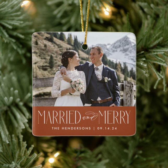 Elegant Newlywed Photo Married and Merry Ceramic Ornament (Tree)