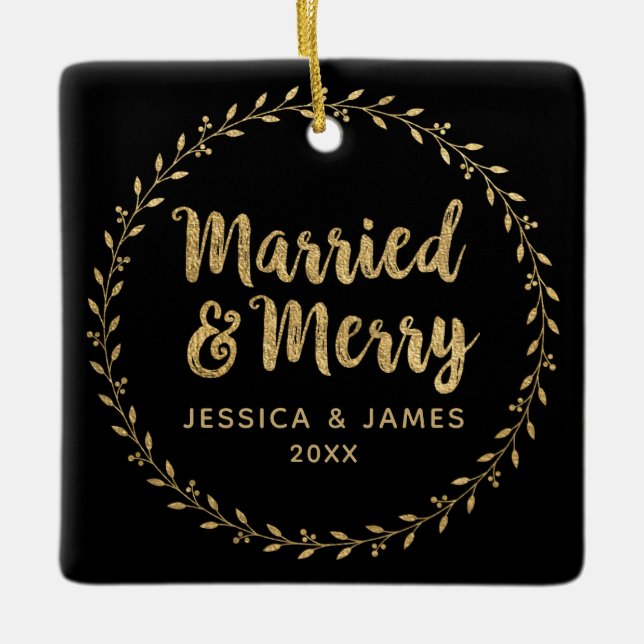 Elegant Newlywed Photo Married and Merry Ceramic Ornament (Front)