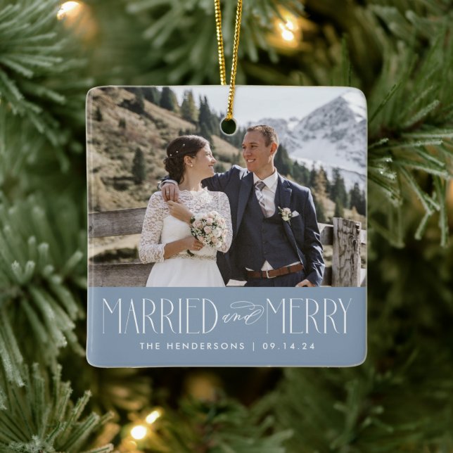 Elegant Newlywed Photo Married and Merry  Metal Or Ceramic Ornament (Tree)