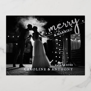 Elegant Newlywed Photo Merry and Married Christmas Foil Holiday Postcard