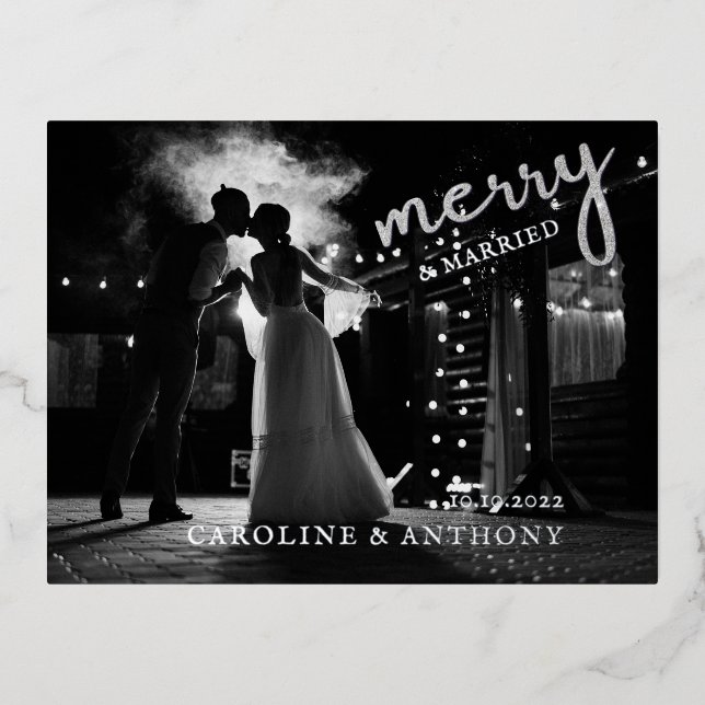 Elegant Newlywed Photo Merry and Married Christmas Foil Holiday Postcard (Front)