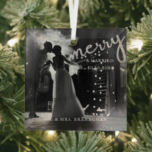 Elegant Newlywed Photo Merry and Married Glass Tree Decoration