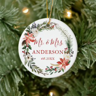 Elegant Newlywed Watercolor Winter Floral Wreath Ceramic Tree Decoration