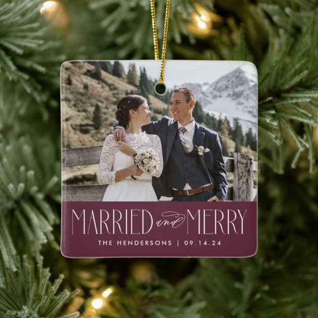 Elegant Newlywed Wine Photo Married and Merry Ceramic Ornament (Tree)