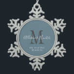 Elegant Newlyweds Established Blue Monogram Name Snowflake Pewter Christmas Ornament<br><div class="desc">Give a perfect keepsake with this Elegant Newlyweds Established Blue Monogram Name Snowflake Pewter Christmas Ornament. It is a modern customisable design in dusty blue, white and grey. Bride and groom's first names are on the centre in modern white handwriting script lettering and initial of new last name is in...</div>