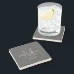 Elegant Newlyweds Established Monogram Name Grey Stone Coaster<br><div class="desc">Give a perfect keepsake with this Elegant Newlyweds Established Monogram Name Grey Stone Coaster. It is a modern customisable design in dark grey, white and light grey. Bride and groom's first names are on the centre in modern white handwriting script lettering and initial of new last name is in grey....</div>