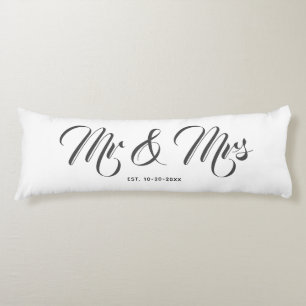 Elegant Newlyweds Mr And Mrs White Grey Script Body Cushion