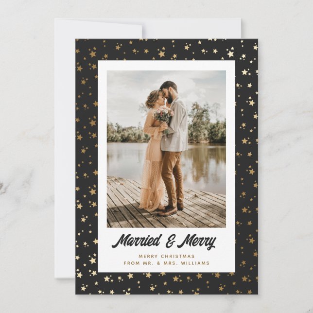 Elegant Newlyweds Photo Christmas Black Gold Holiday Card (Front)