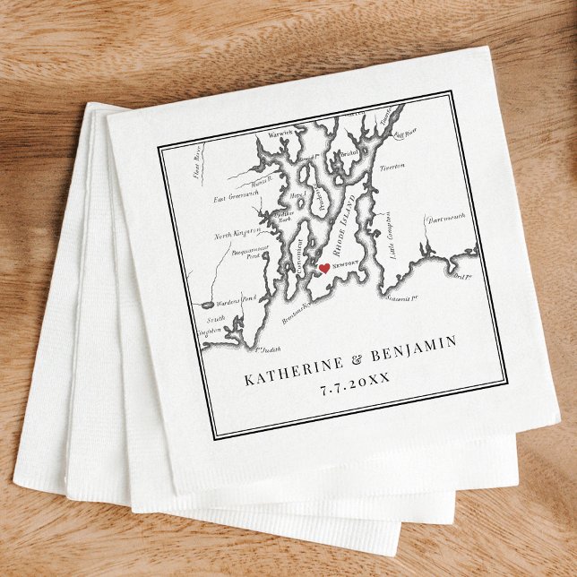 Elegant Newport Rhode Island Black White Wedding Napkin (Elegant black and white Newport Rhode Island wedding napkins from Coastal Map Designs)