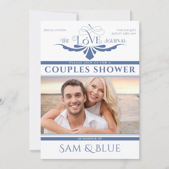 Elegant Newspaper Dusty Blue Bridal Couples Shower Invitation (Front)
