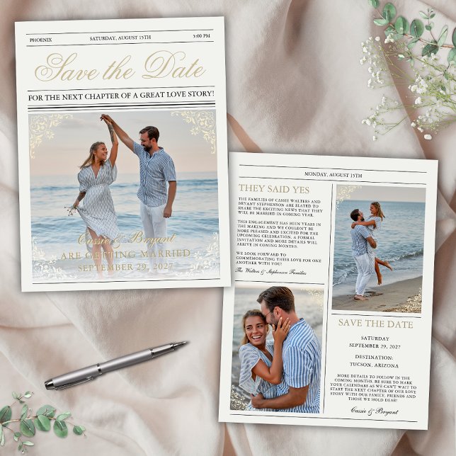 Elegant Newspaper Engagement Save the Date (elegant vintage chic newspaper style wedding engagement save the date announcement old money era)