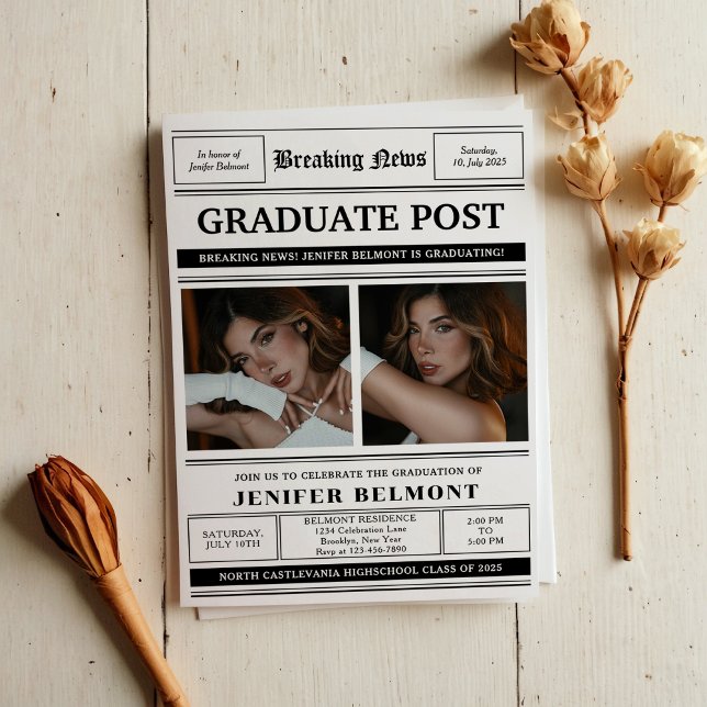 Elegant Newspaper Themed 2 Photo Graduation Party Invitation (Creator Uploaded)