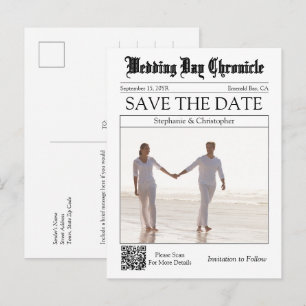 Elegant Newspaper Wedding QR Code Save the Date Postcard