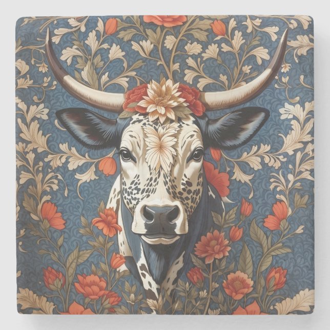 Elegant Nguni Cow William Morris Inspired Stone Coaster (Front)