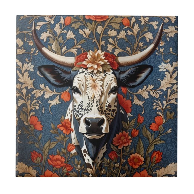 Elegant Nguni Cow William Morris Inspired Tile (Front)