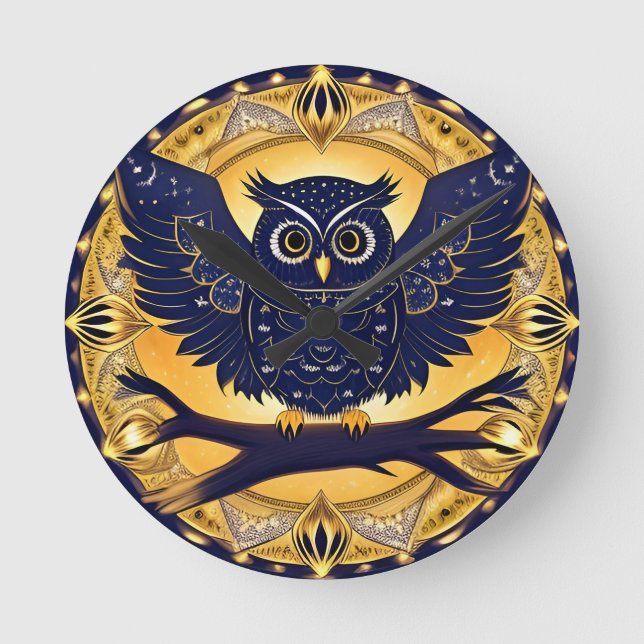Elegant Night Owl Illustration Round Clock (Front)