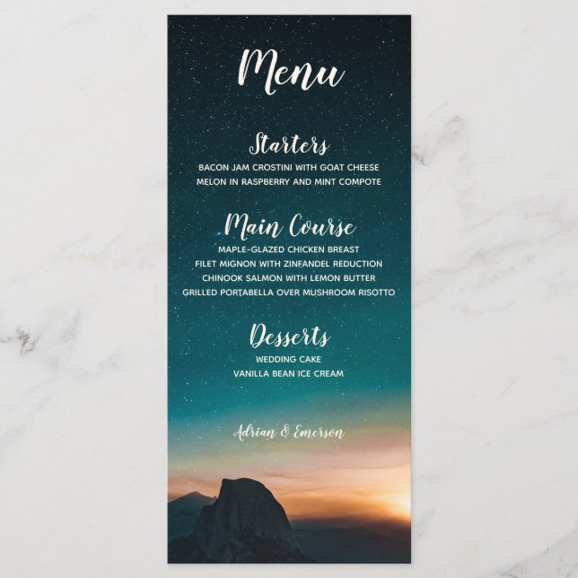 Elegant Night Sky Galaxy Mountain Stars Wedding Menu (Front)