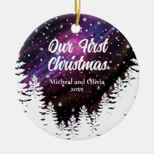 Elegant night starry sky pine trees personalize ceramic tree decoration