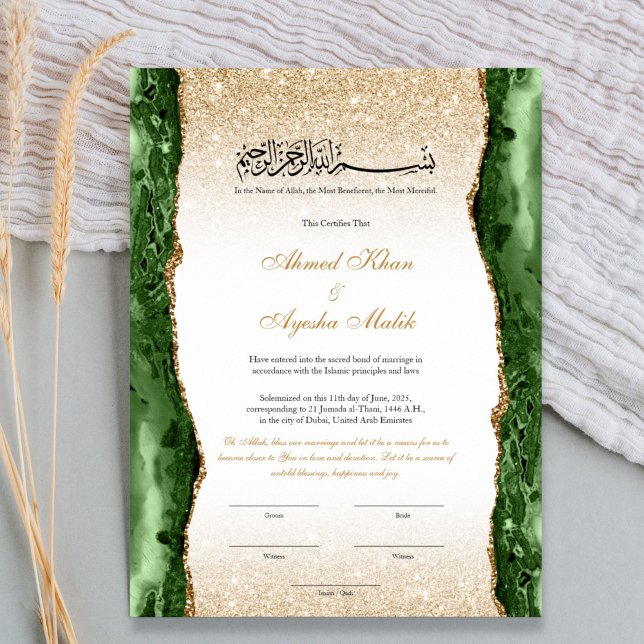 Elegant Nikkah Certificate Muslim Islamic Wedding Poster (Islamic Nikah certificate template with Arabic and English calligraphy, elegant floral frame, Bismil)