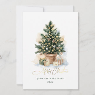 Elegant No-Photo Watercolor Christmas Tree Holiday Card