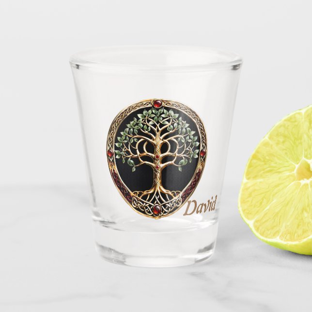 Elegant noble tree of life with celtic knot. shot glass (Front)
