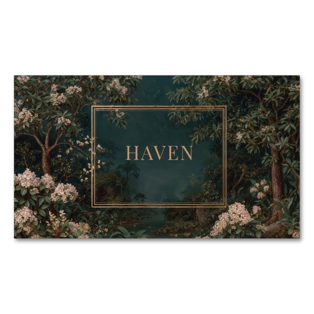 Elegant Nocturnal Garden Floral Gold Frame Magnetic Business Card (Front)