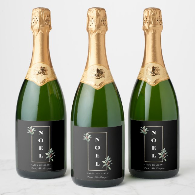 Elegant NOEL Gold Winter Berry Frame Black Sparkling Wine Label (Bottles)