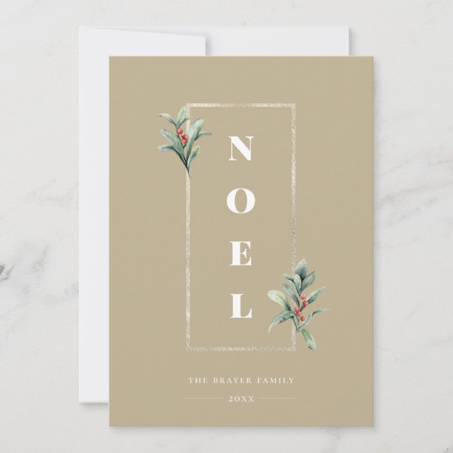 Elegant NOEL Gold Winter Berry Frame Photo Beige Holiday Card (Front)