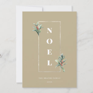 Elegant NOEL Gold Winter Berry Frame Photo Beige Holiday Card