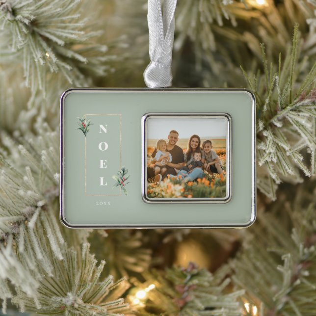 Elegant NOEL Gold Winter Berry Frame Photo Mint Silver Plated Framed Ornament (Tree)