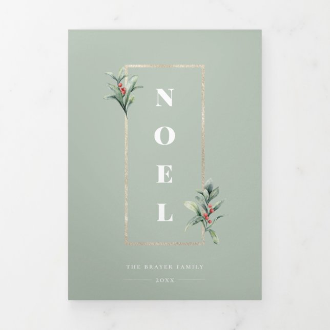 Elegant NOEL Gold Winter Berry Frame Photo Mint Tri-Fold Holiday Card (Cover)