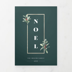 Elegant NOEL Gold Winter Berry Frame Photo Tri-Fold Holiday Card