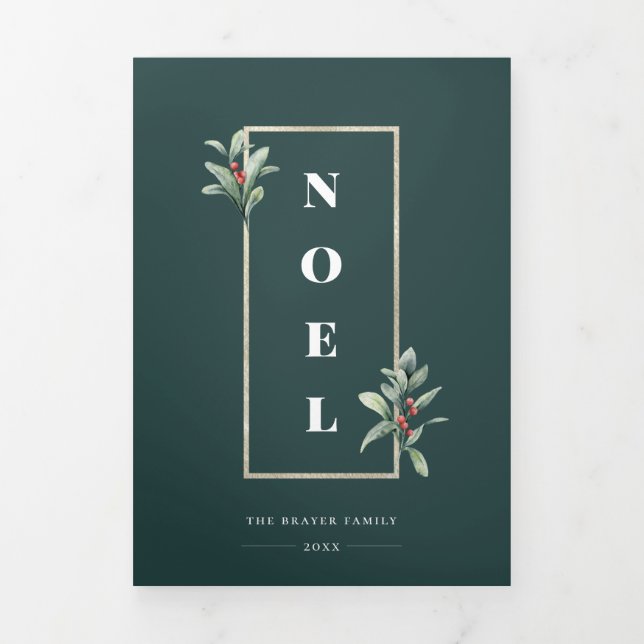 Elegant NOEL Gold Winter Berry Frame Photo Tri-Fold Holiday Card (Cover)