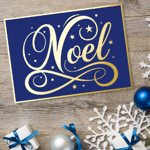 Elegant Noel Script Blue Gold Christmas Foil Holiday Card