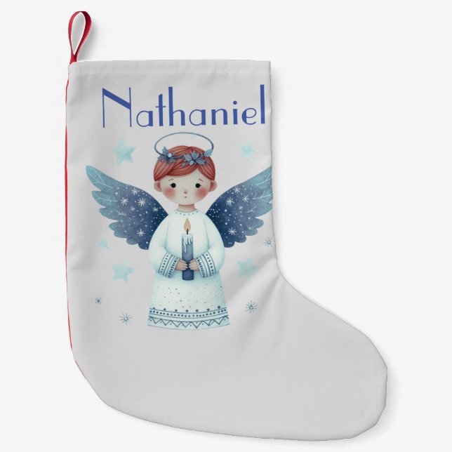 Elegant Nordic Christmas Angel Add name Small Christmas Stocking (Front)