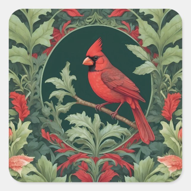 Elegant Northern Cardinal William Morris Inspired  Square Sticker (Front)