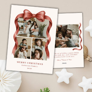 Elegant Nostaglic Red Bow Christmas Four Photos Holiday Card