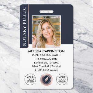 Elegant Notary Public ID Photo Dark Blue Rose Gold Badge