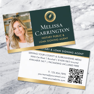 Elegant Notary Public Photo Dark Green Gold Business Card