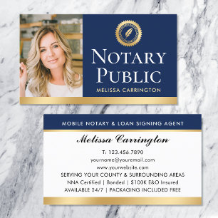 Elegant Notary Public Photo Gold Navy Blue Business Card