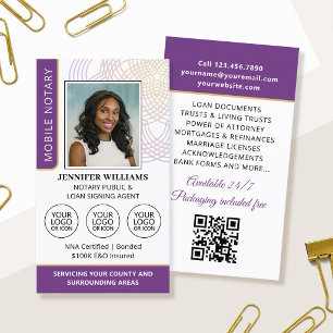 Elegant Notary Public Photo Logo Purple Business Card