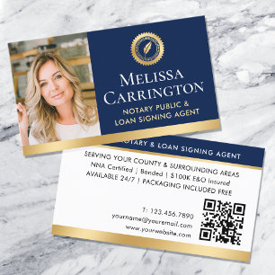 Elegant Notary Public Photo QR Gold Navy Blue Business Card