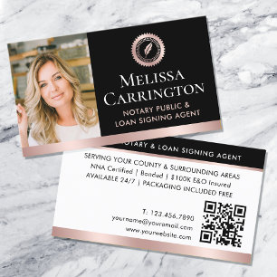 Elegant Notary Public Photo QR Rose Gold Black Business Card