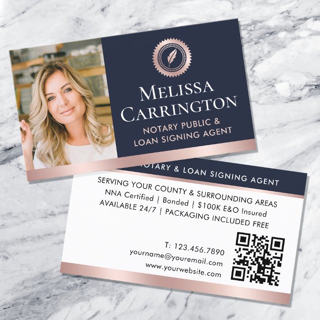 Elegant Notary Public Photo QR Rose Gold Dark Blue Business Card (Creator Uploaded)